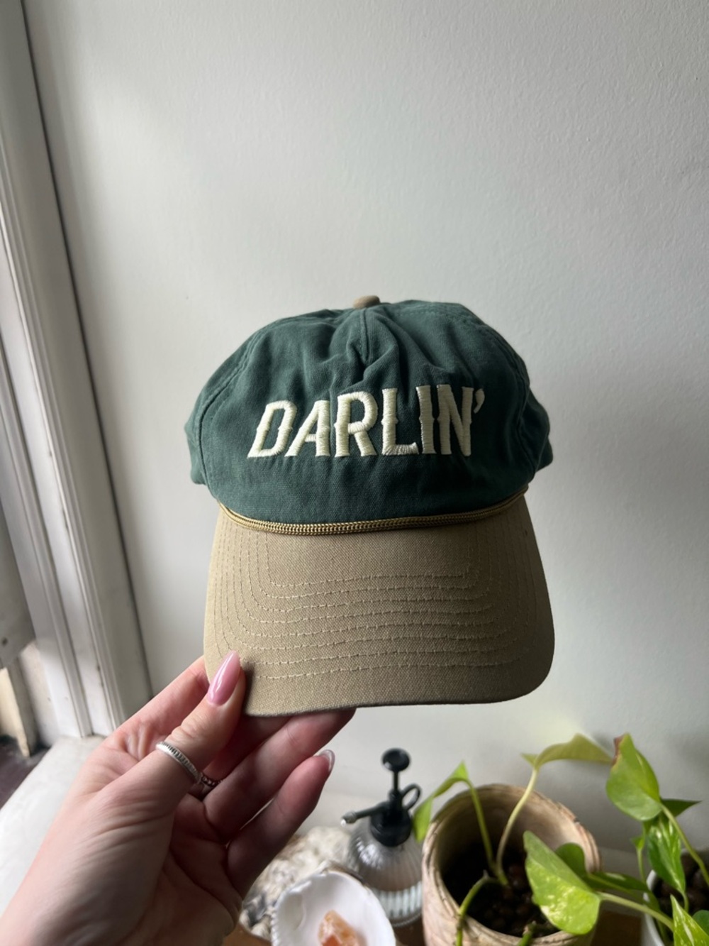 Green "DARLIN'" Cap with Tan Brim